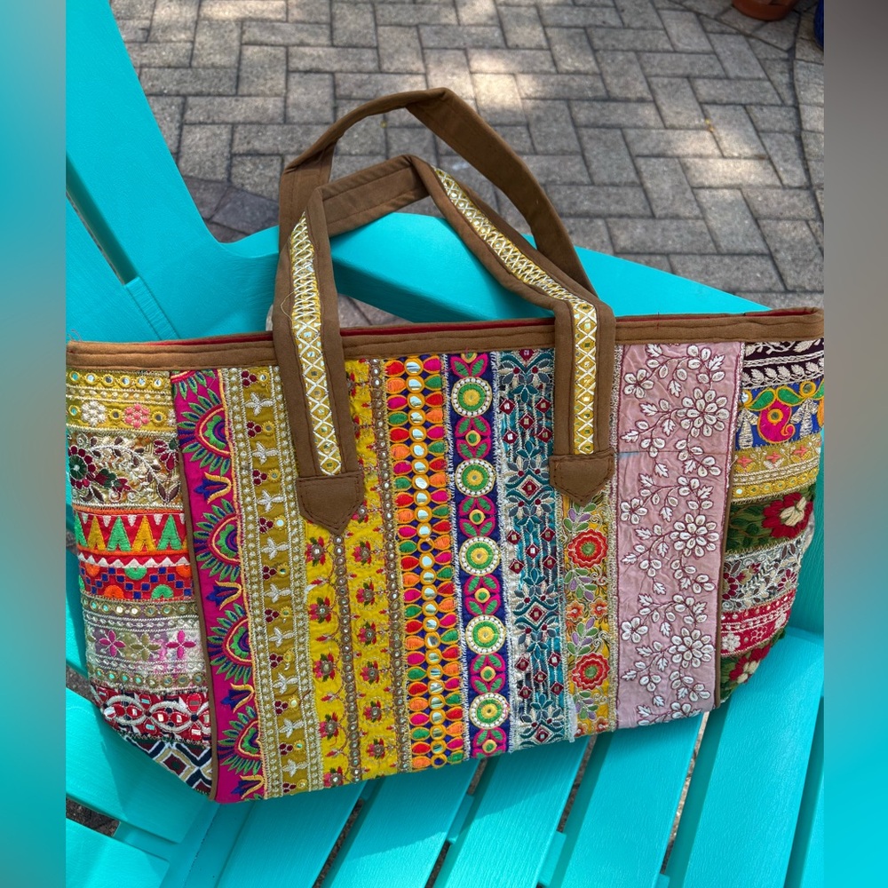 Colorful Embroidered Tote Bag with zip, mirror work